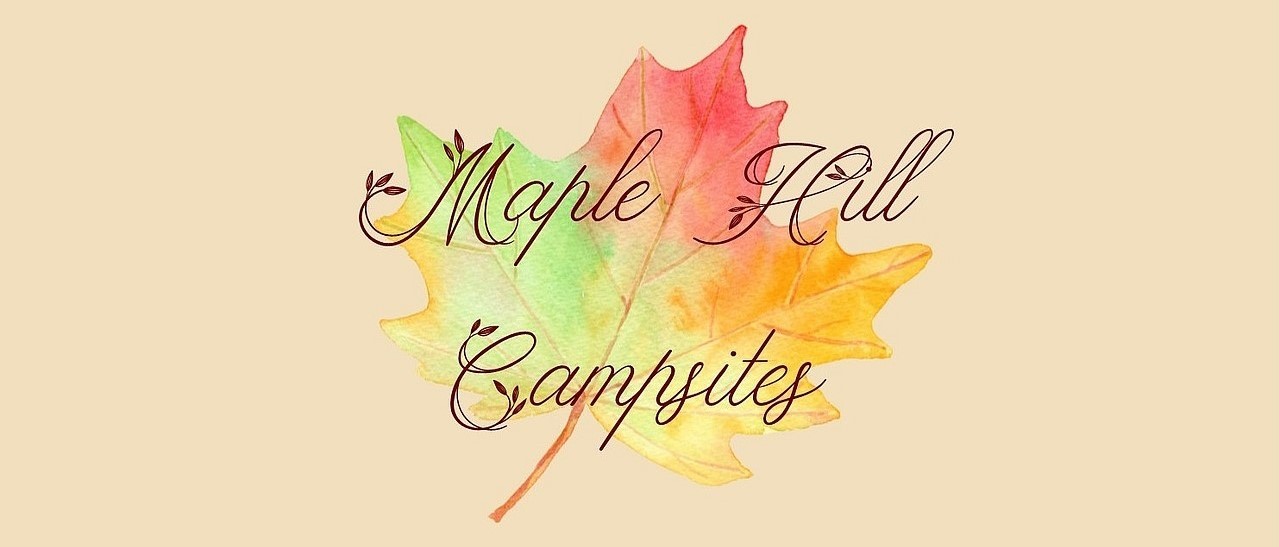 A watercolor leaf in autumn colors behind the words Maple Hill Campsites